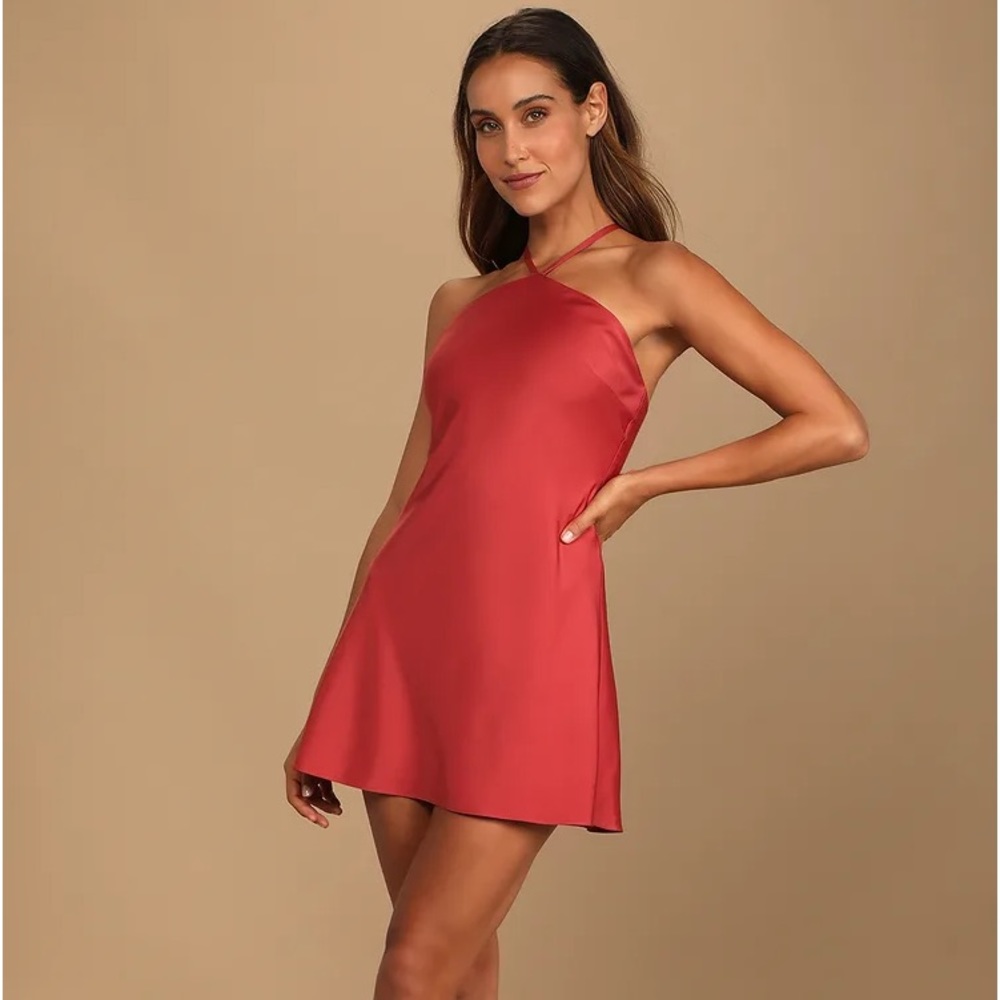 Lulus Rooftop Party Dusty Red Satin Halter Mini Dress - size M